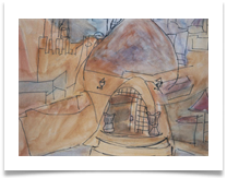 Beach Cafe with Dome Hammamet :: Watercolour/Ink on Paper :: 22" x 22" :: � 340