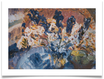 Blue & White Flowers with Wicker Chair :: Oil on  Canvas (Framed) :: 26" x 22" :: � 570