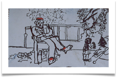 Man in Park with Red Socks and a Beret :: Ink & Pastel on Paper (Mounted) :: 14" x 20" :: � 340